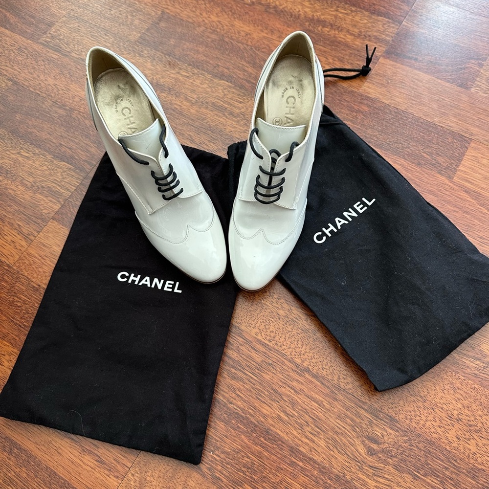 Chanel White Patent Booties